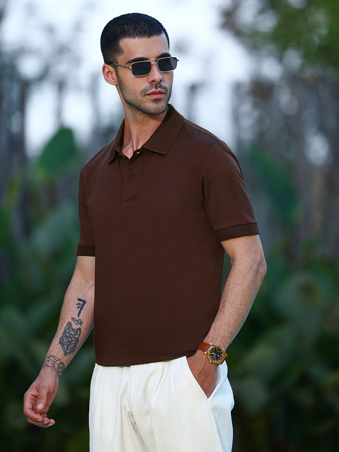 Solid Dark Brown Polo Collar Short Sleeve Polycotton T-Shirt
