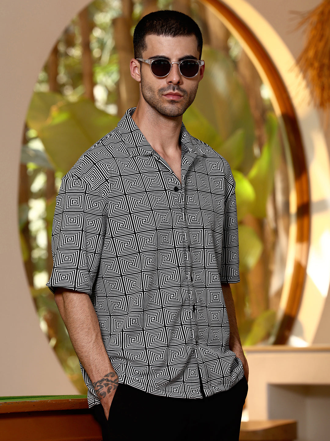 Geometric Print Relaxed Fit Cuban Collar Shirt