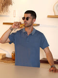 Blue Ribbed Knit Short Sleeve Polo T-Shirt