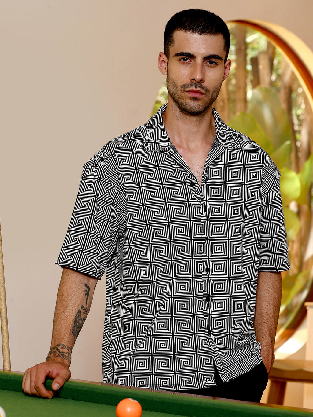 Geometric Print Relaxed Fit Cuban Collar Shirt