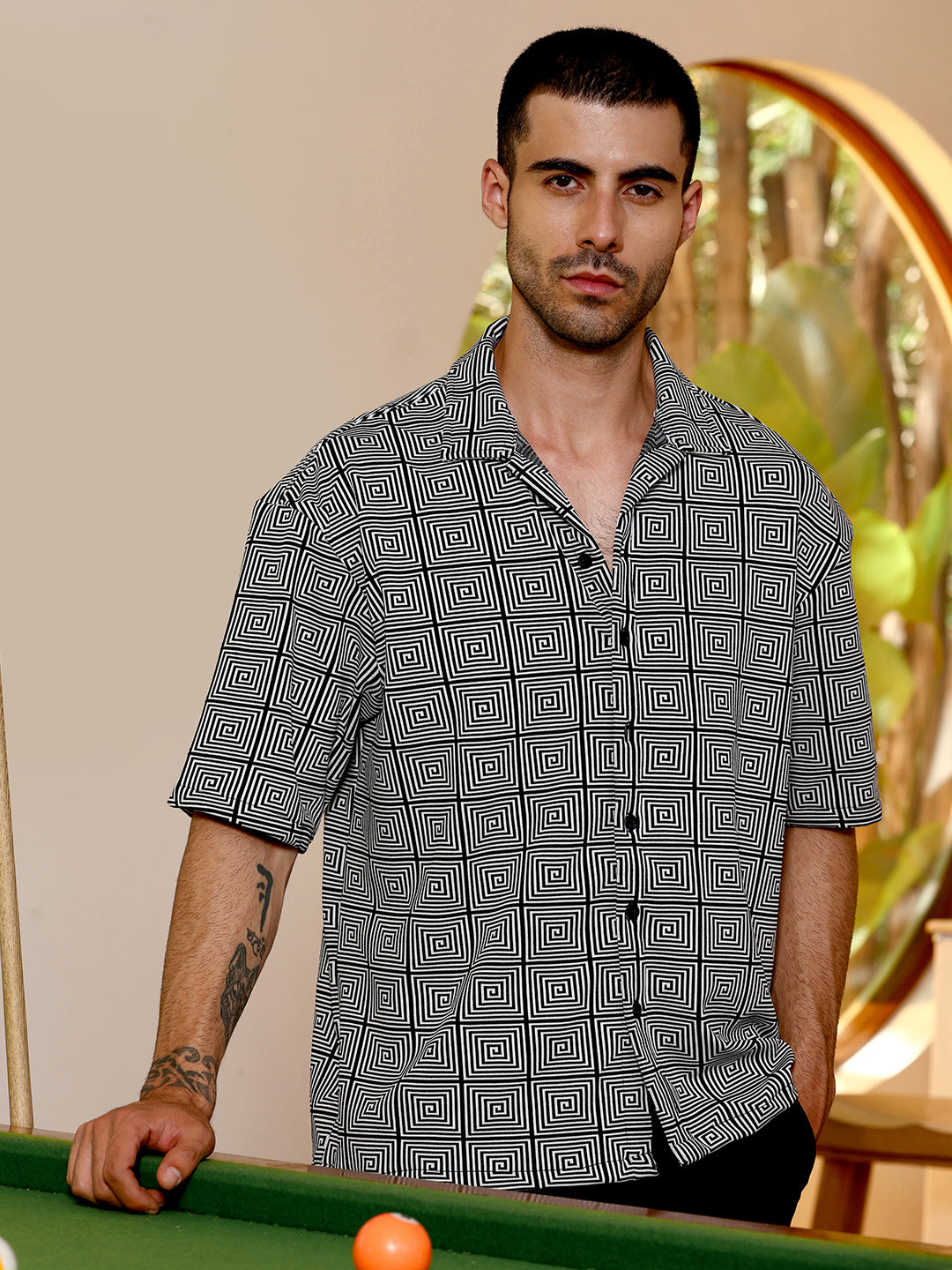 Geometric Print Relaxed Fit Cuban Collar Shirt