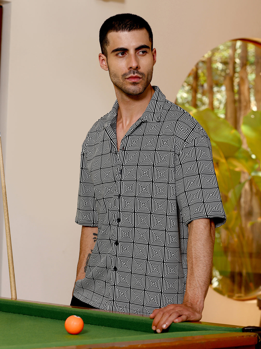 Geometric Print Relaxed Fit Cuban Collar Shirt