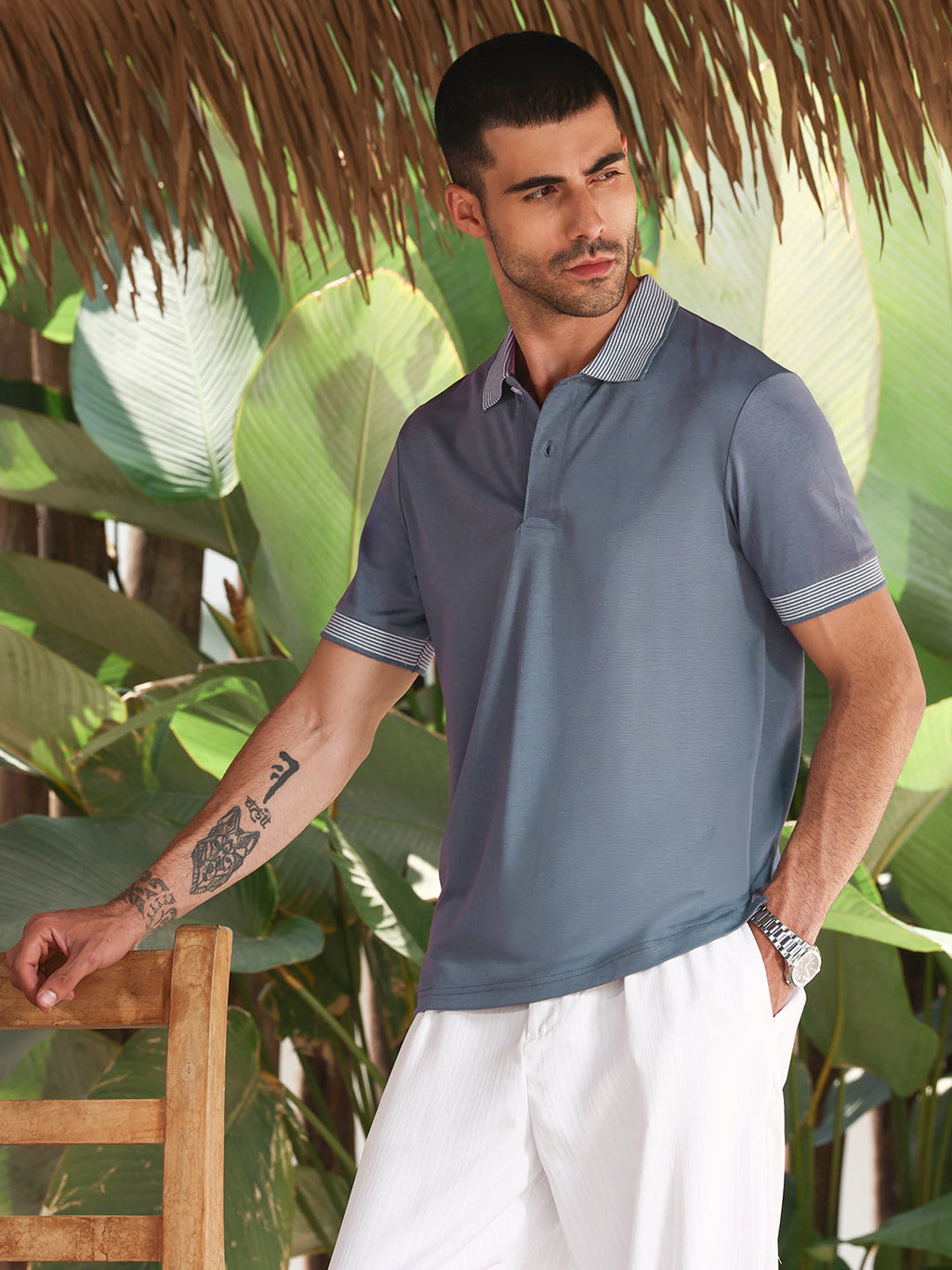 Blue Striped Collar Regular Fit Polycotton Polo T-Shirt