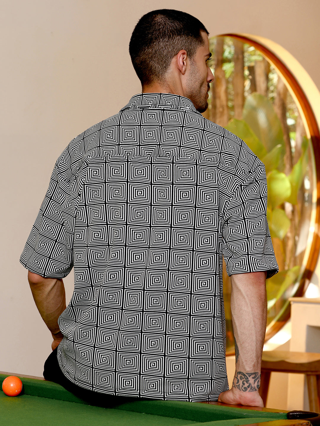Geometric Print Relaxed Fit Cuban Collar Shirt