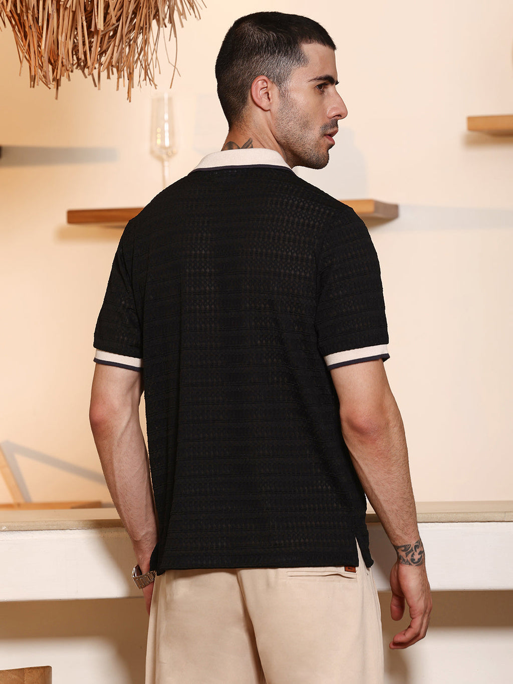 Black Textured Polo T-shirt with Contrast Tipping