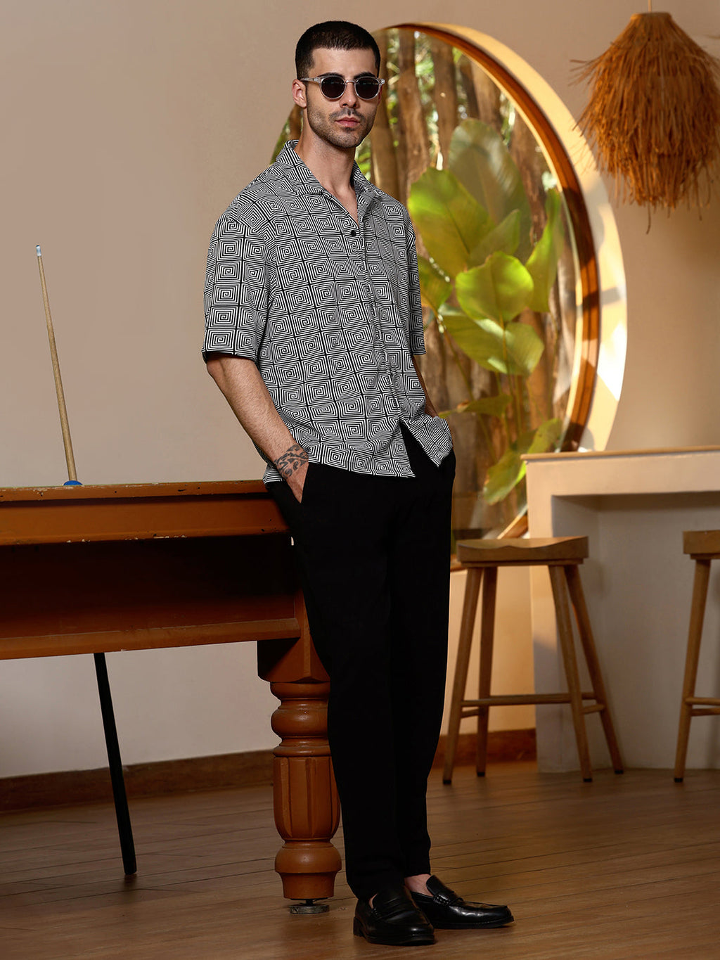 Geometric Print Relaxed Fit Cuban Collar Shirt
