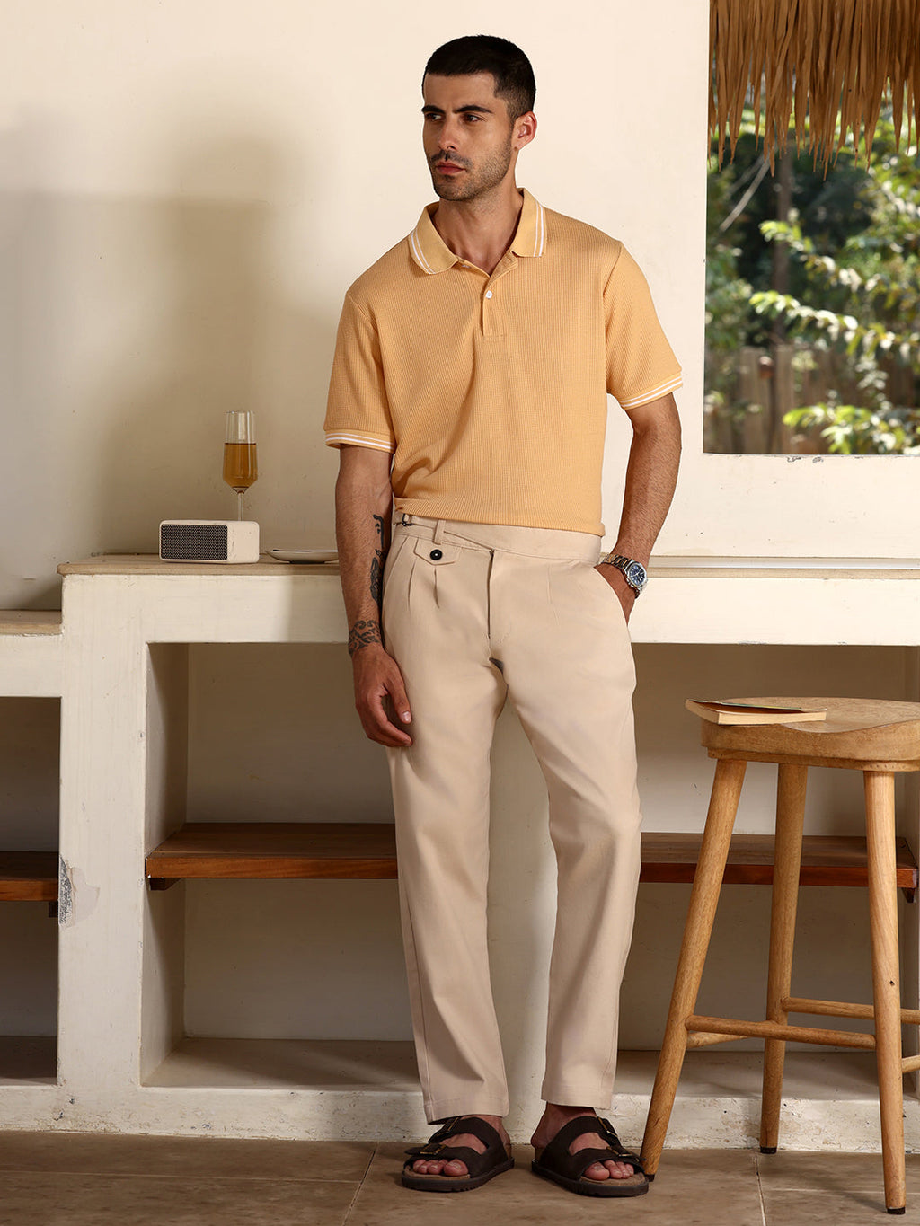 Peach Waffle Knit Polo T-Shirt with Contrast Tipping