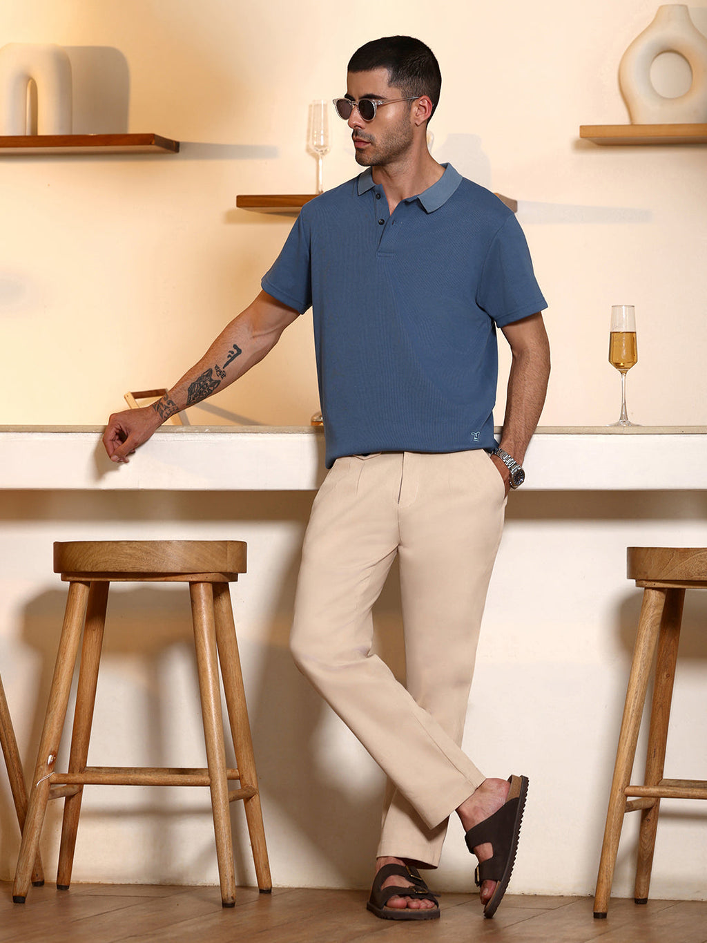 Blue Ribbed Knit Short Sleeve Polo T-Shirt