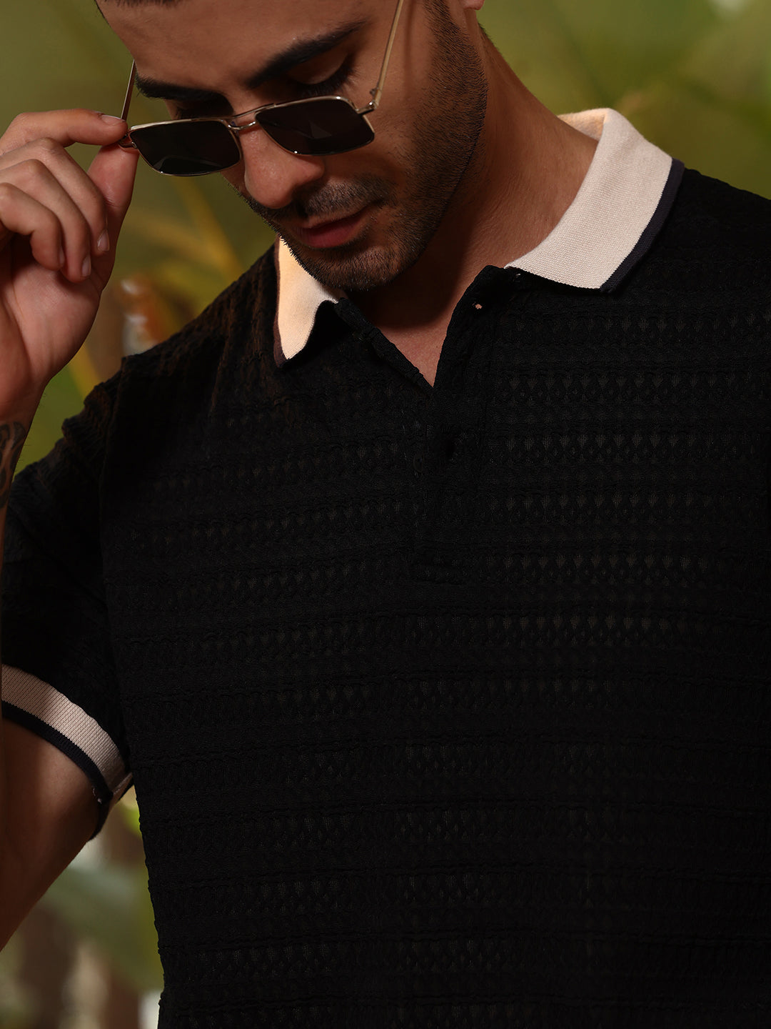 Black Textured Polo T-shirt with Contrast Tipping