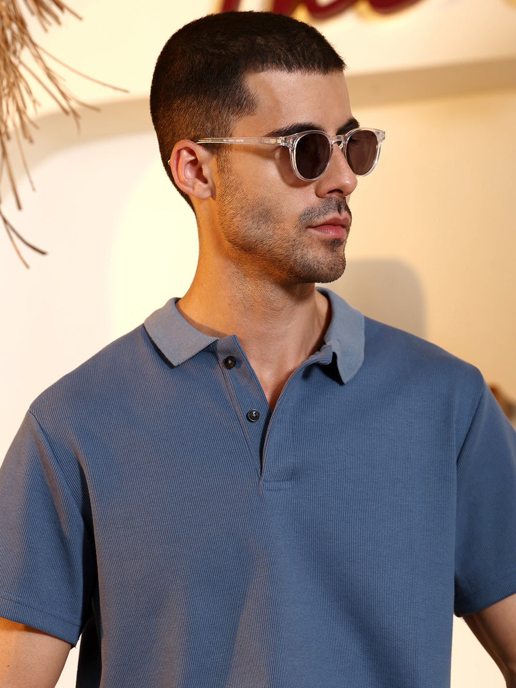 Blue Ribbed Knit Short Sleeve Polo T-Shirt
