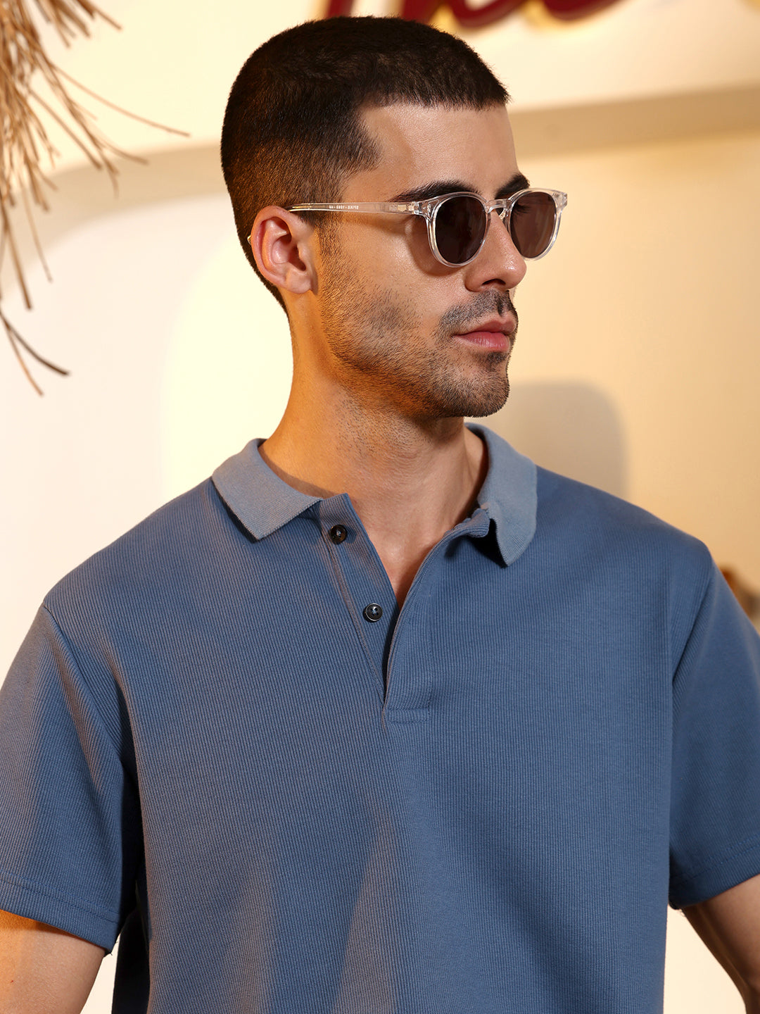 Blue Ribbed Knit Short Sleeve Polo T-Shirt