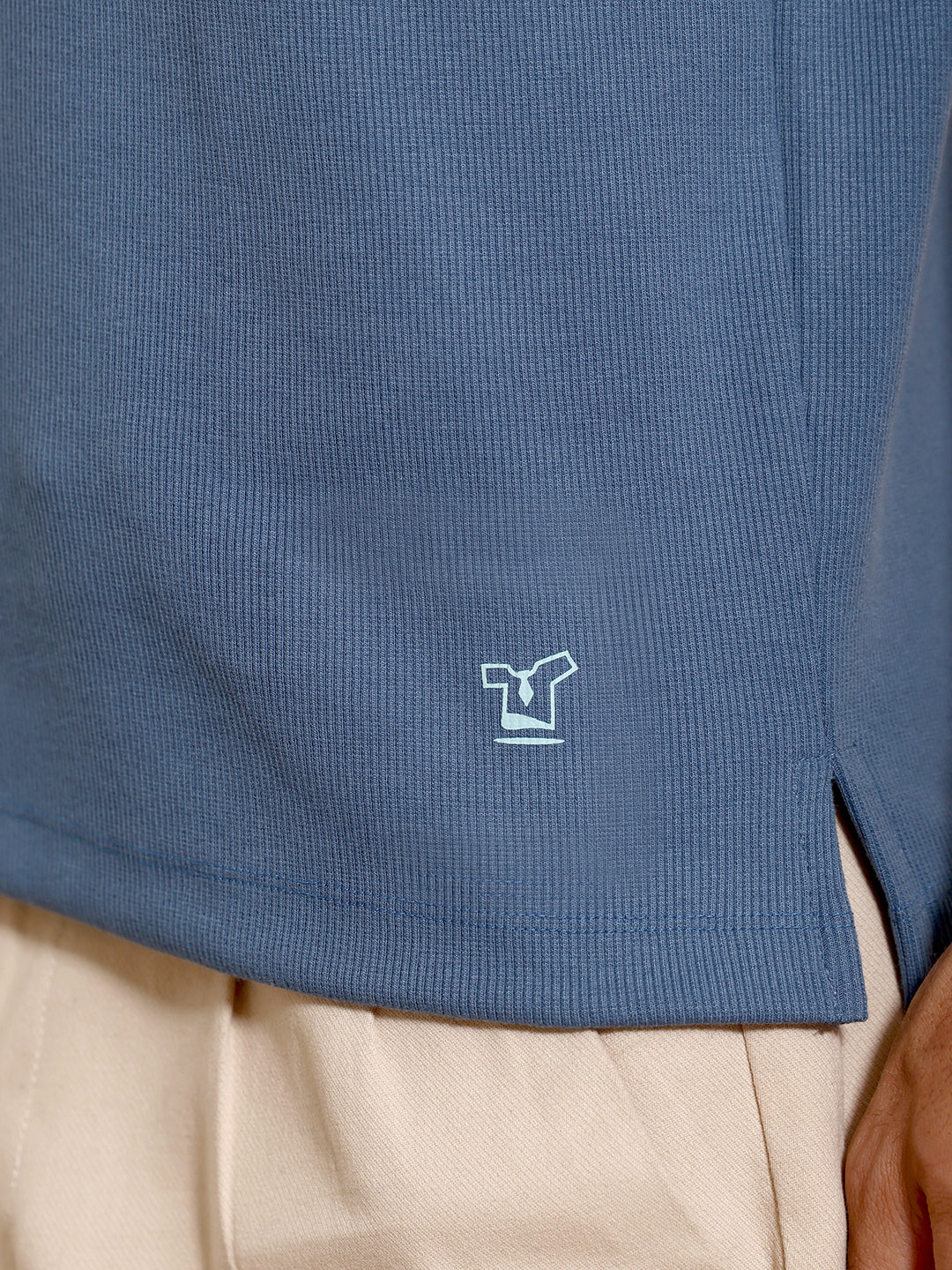 Blue Ribbed Knit Short Sleeve Polo T-Shirt