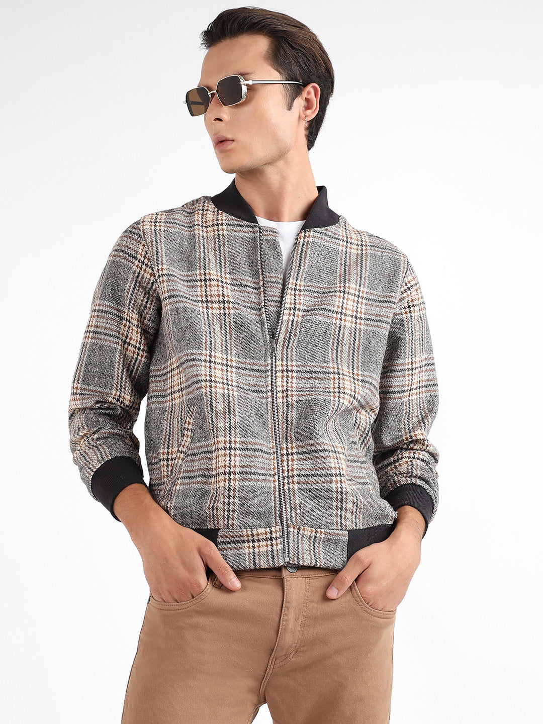Tartan Plaid Jacket With Ribbed Hem