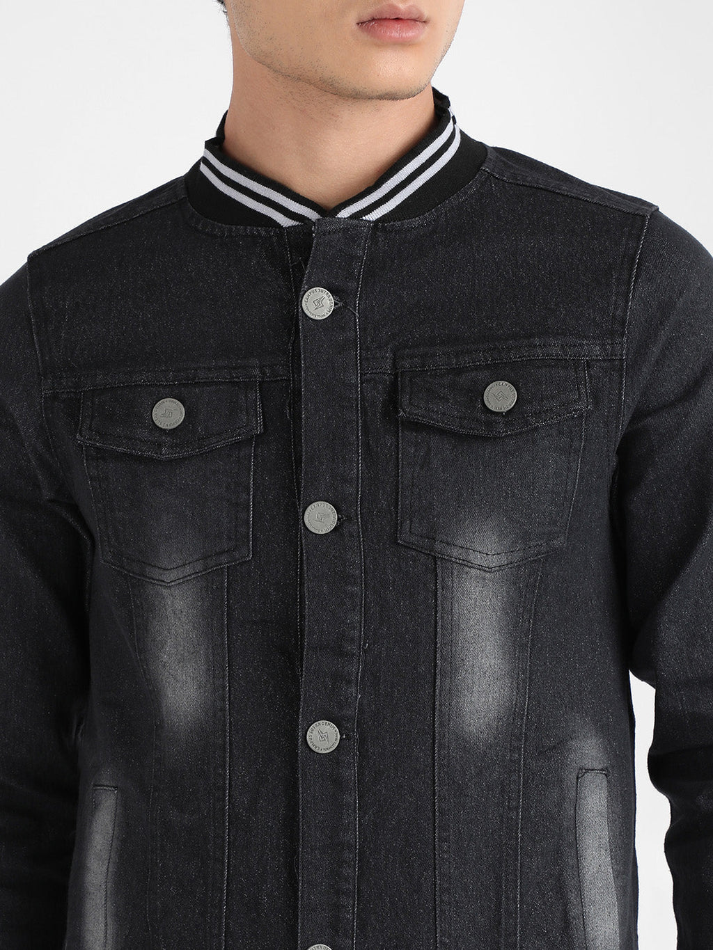 Button-Front Denim Jacket With Contrast Striped Hem