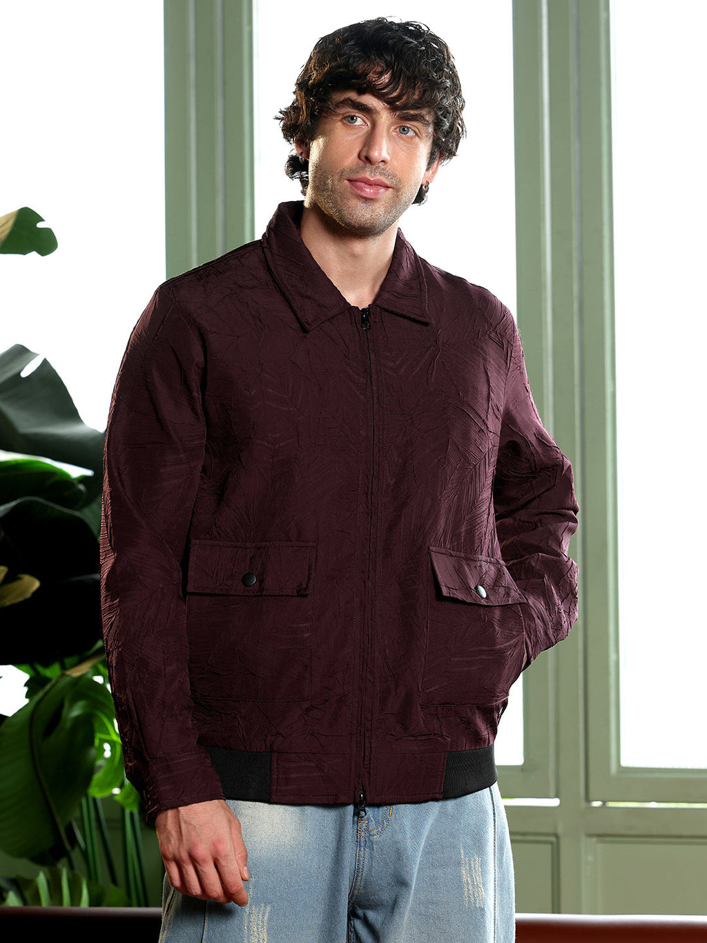 Zip-Front Foliage-Tactile Bomber Jacket