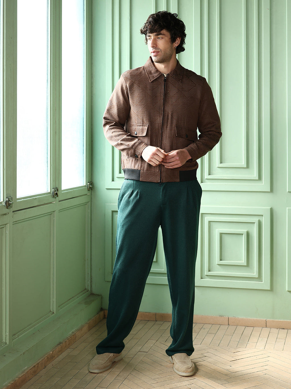 Geometric-Jacquard Zip-Front Jacket