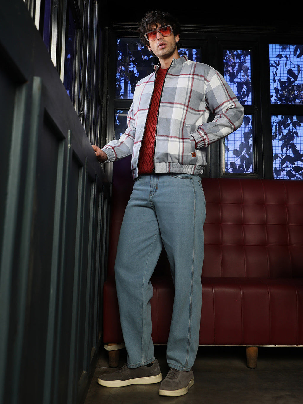 Zip-Front Brushed Plaid Jacket