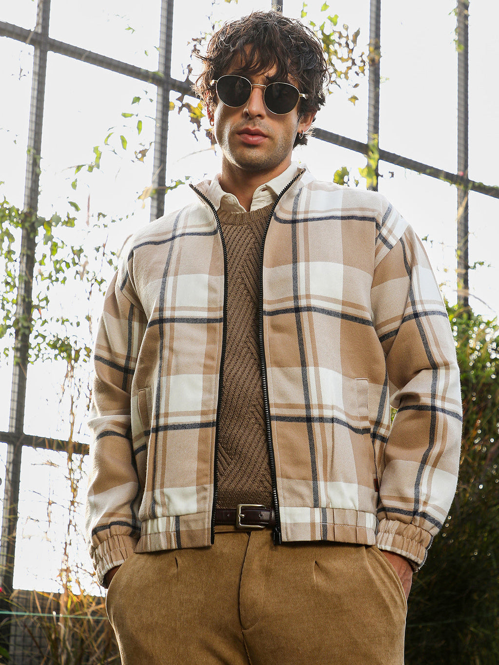 Zip-Front Brushed Plaid Jacket