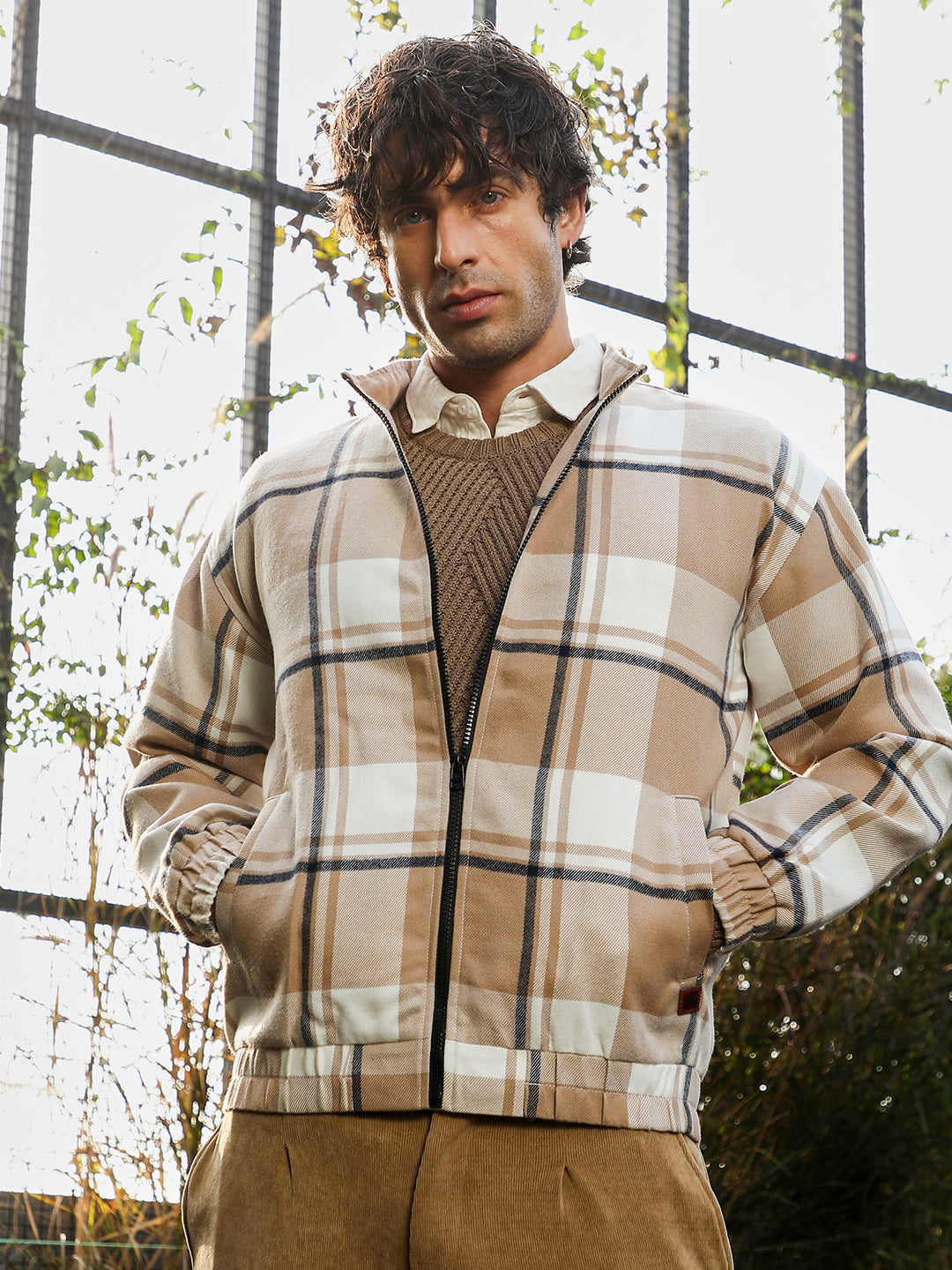 Zip-Front Brushed Plaid Jacket