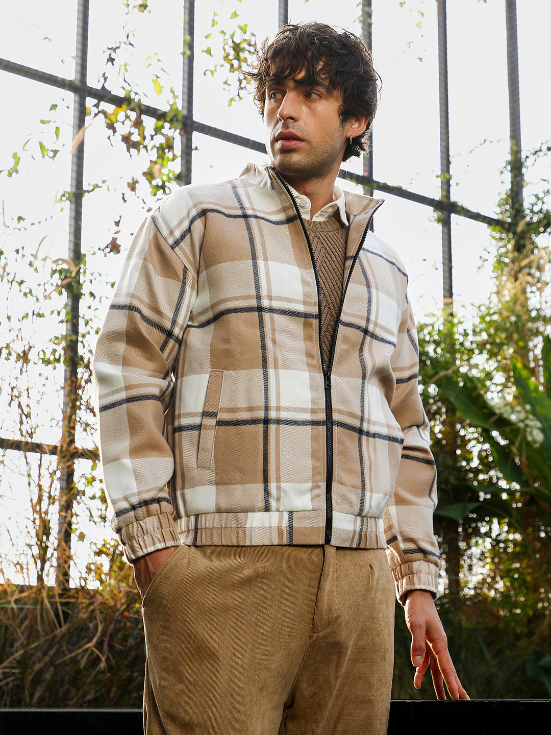 Zip-Front Brushed Plaid Jacket