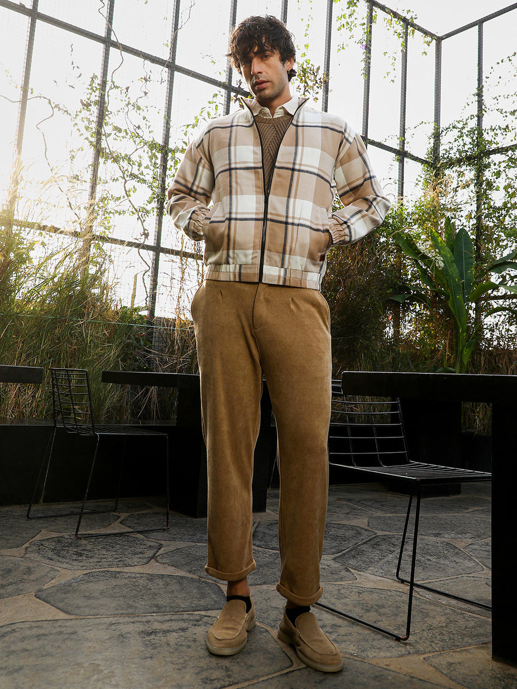 Zip-Front Brushed Plaid Jacket