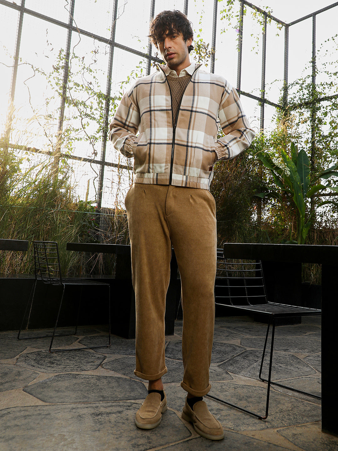 Zip-Front Brushed Plaid Jacket