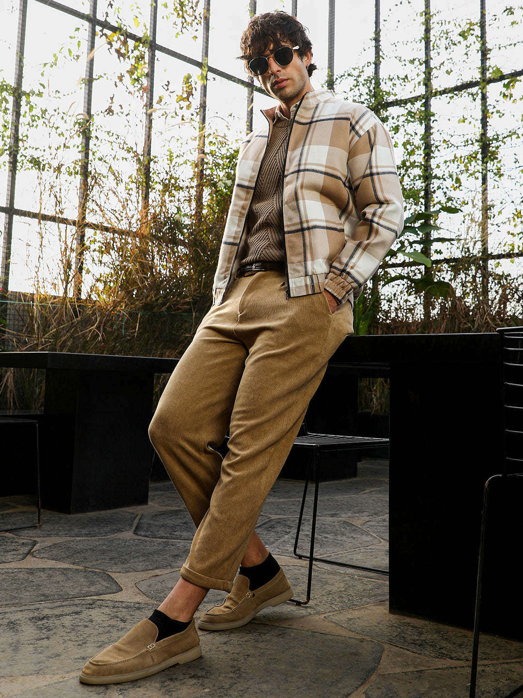 Zip-Front Brushed Plaid Jacket