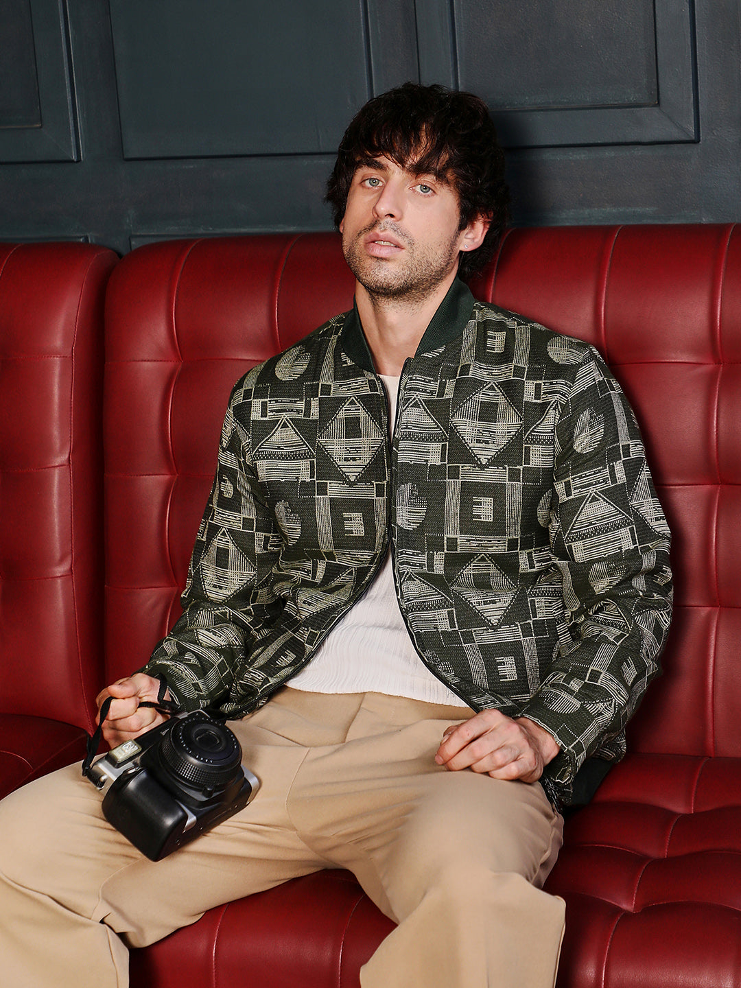 Geometric-Jacquard Bomber Jacket