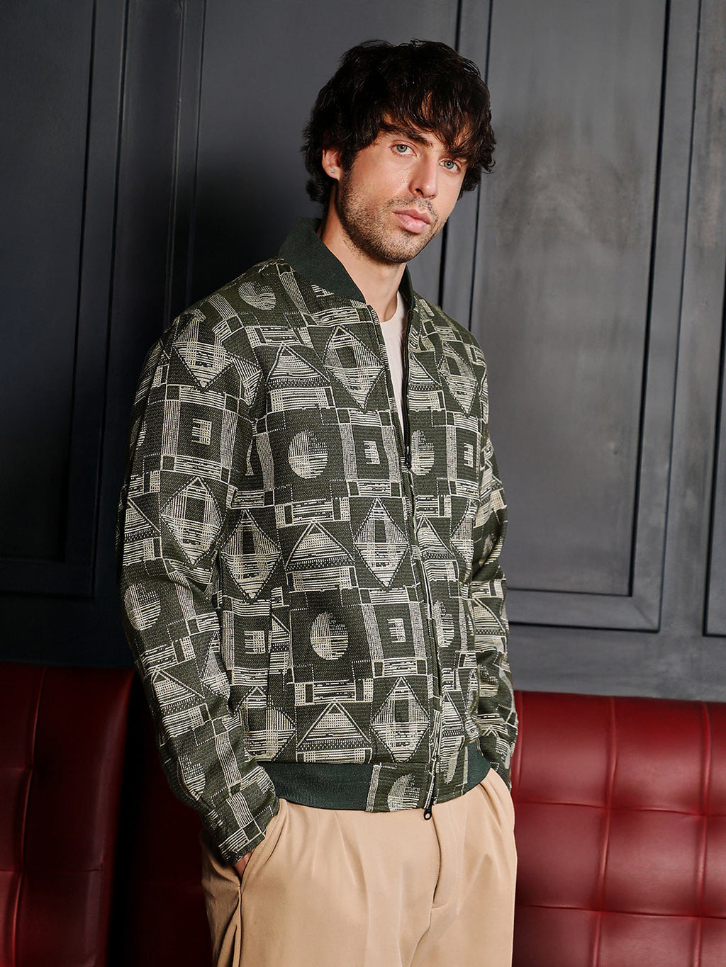 Geometric-Jacquard Bomber Jacket