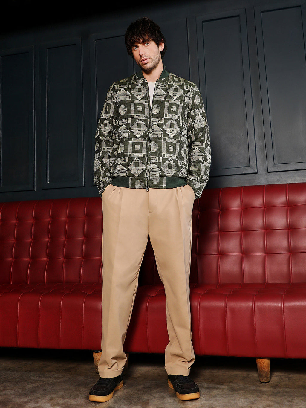 Geometric-Jacquard Bomber Jacket