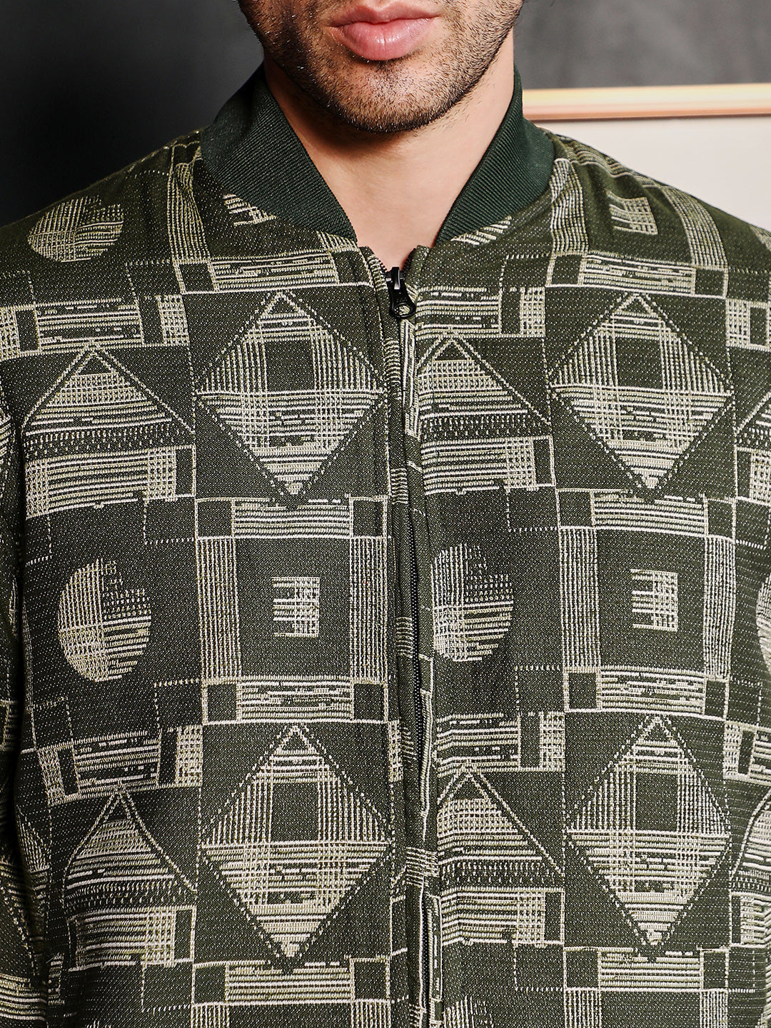Geometric-Jacquard Bomber Jacket