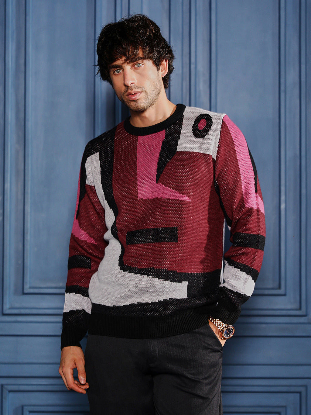 Abstraction-Jacquard Pullover Sweater