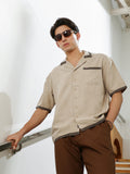 Beige Cuban Collar Shirt with Dark Brown Accents