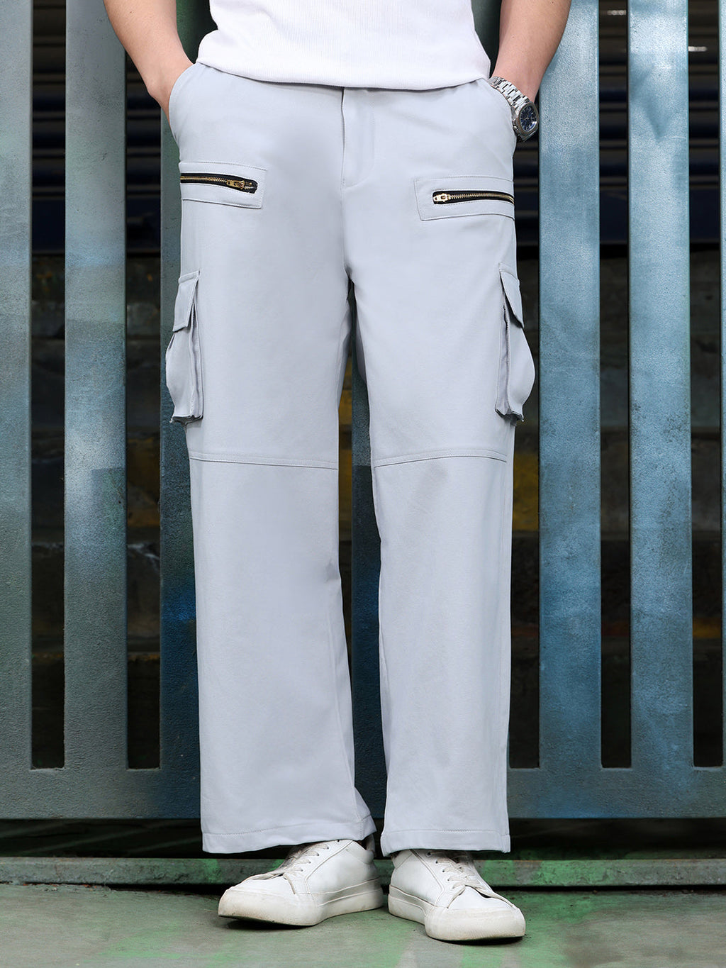 Men's Light Grey Mid-Rise Wide Leg Trouser