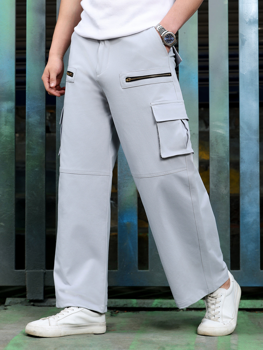 Men's Light Grey Mid-Rise Wide Leg Trouser