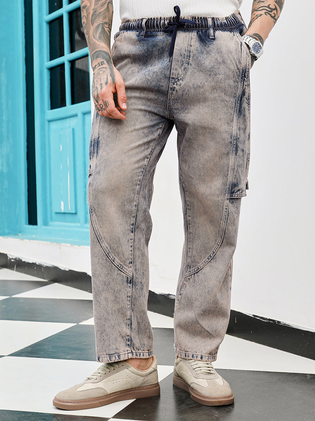 Acid-Wash Panelled Denim Jeans