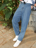 Indigo Blue Mid-Wash Pleated Denim Jeans