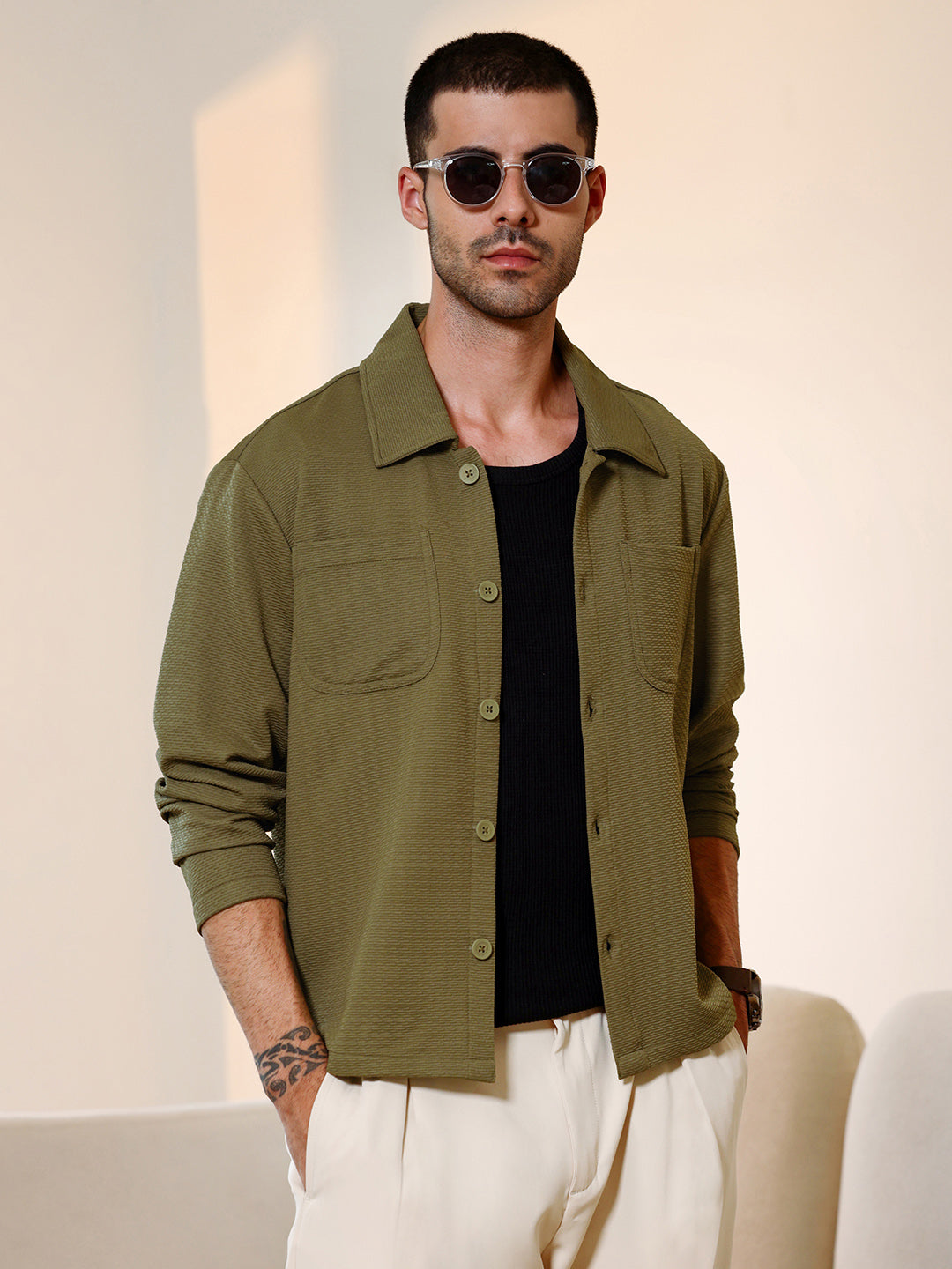 Olive Green Textured Knit Casual Shirt