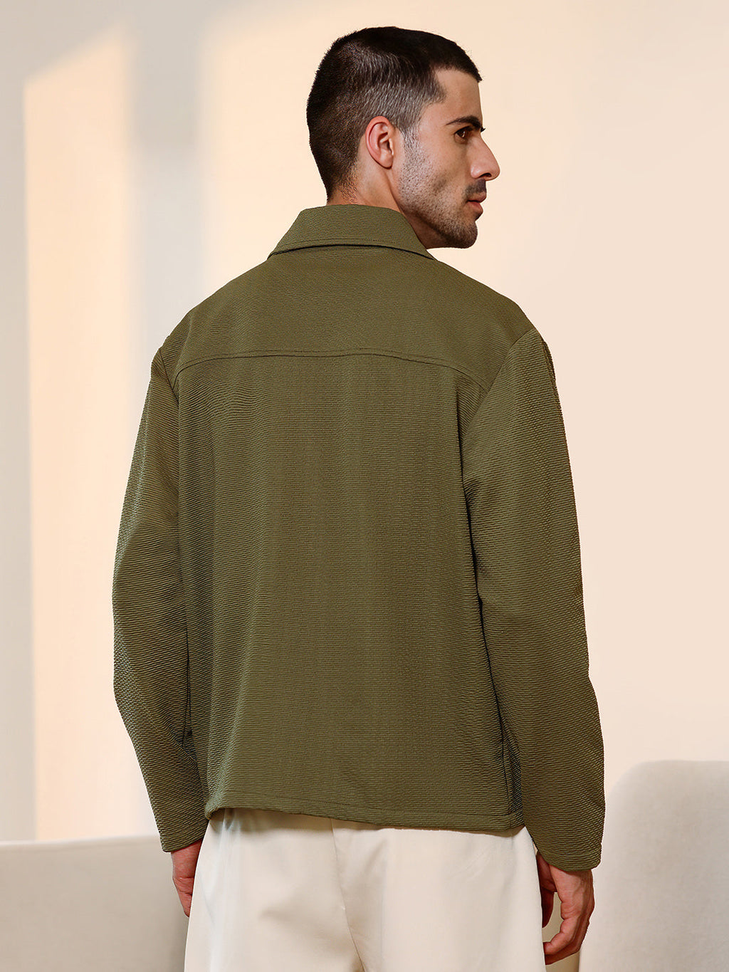Olive Green Textured Knit Casual Shirt