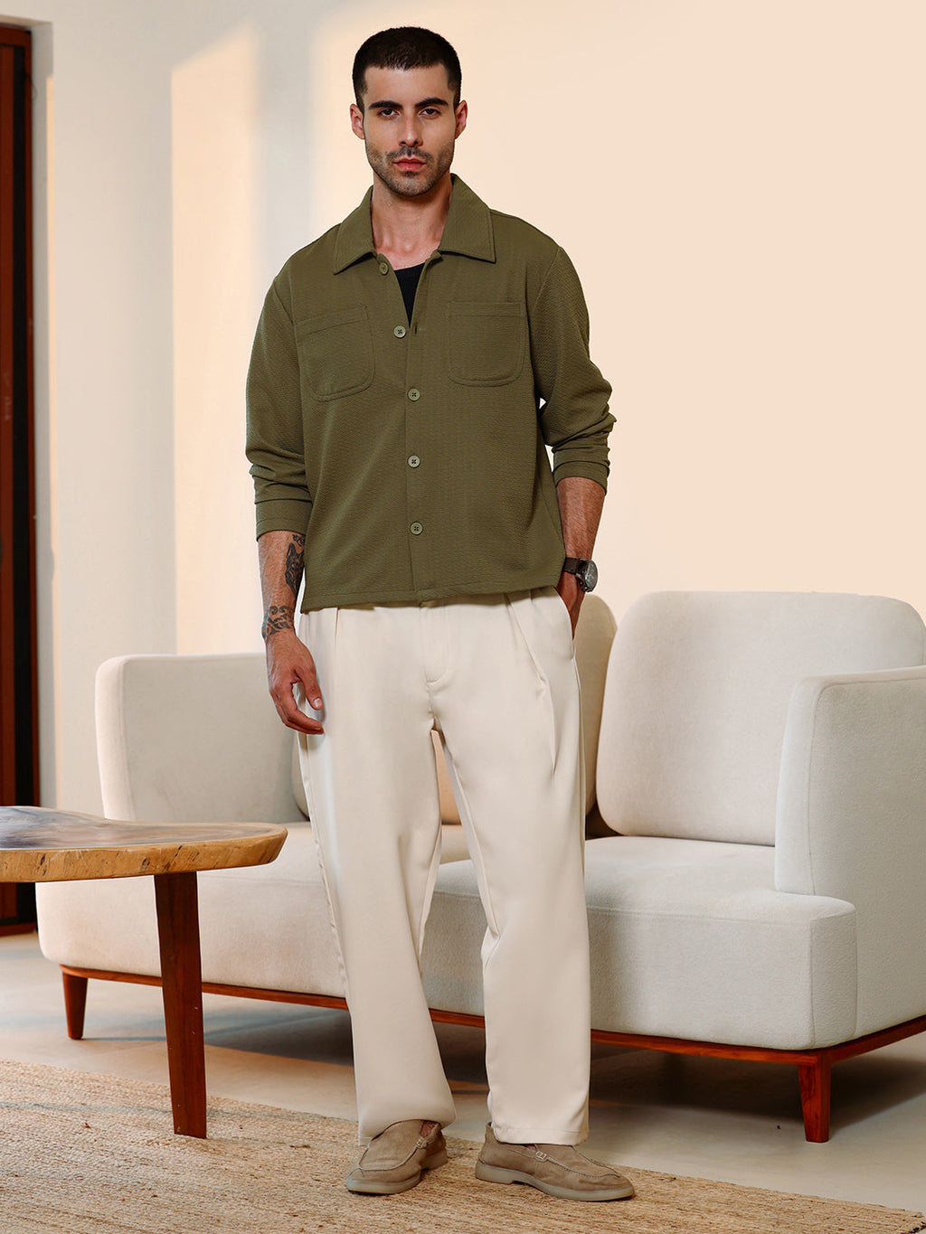 Olive Green Textured Knit Casual Shirt