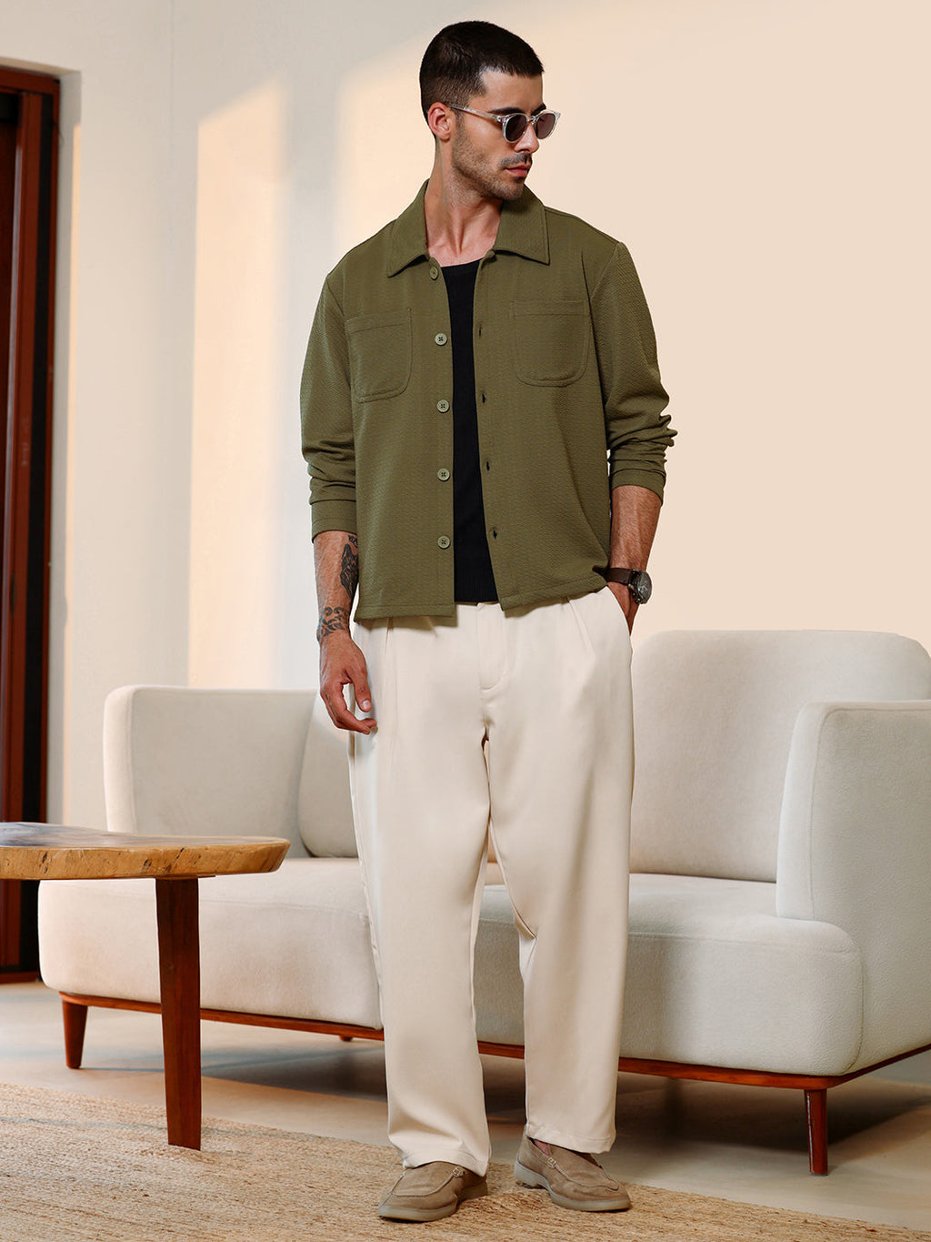 Olive Green Textured Knit Casual Shirt