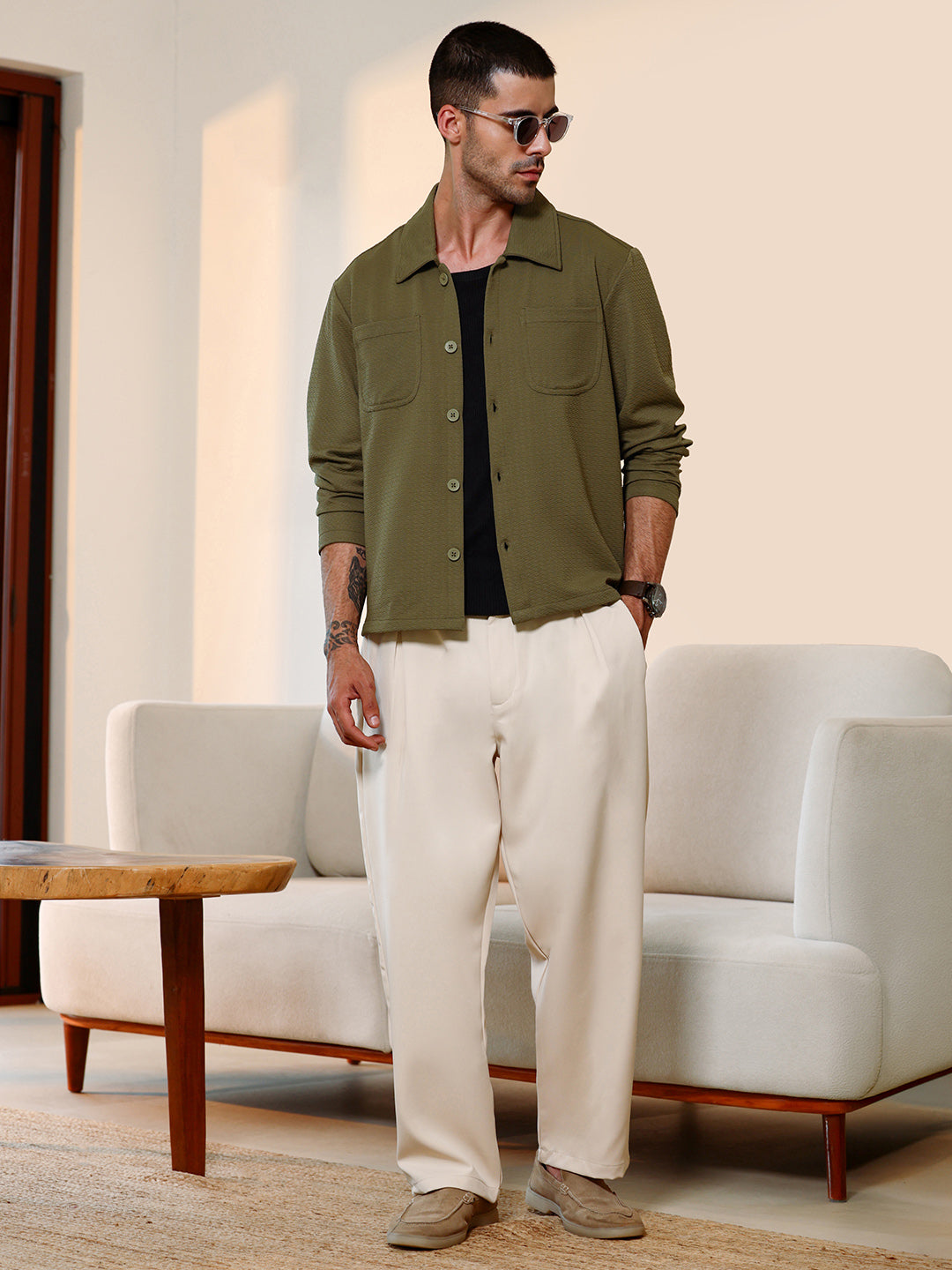 Olive Green Textured Knit Casual Shirt