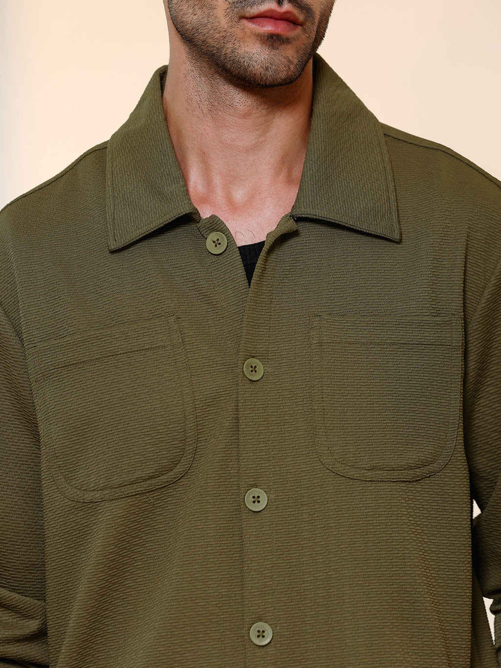 Olive Green Textured Knit Casual Shirt