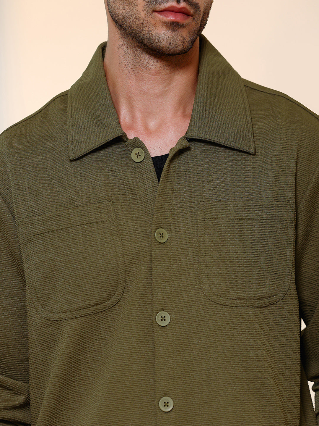 Olive Green Textured Knit Casual Shirt