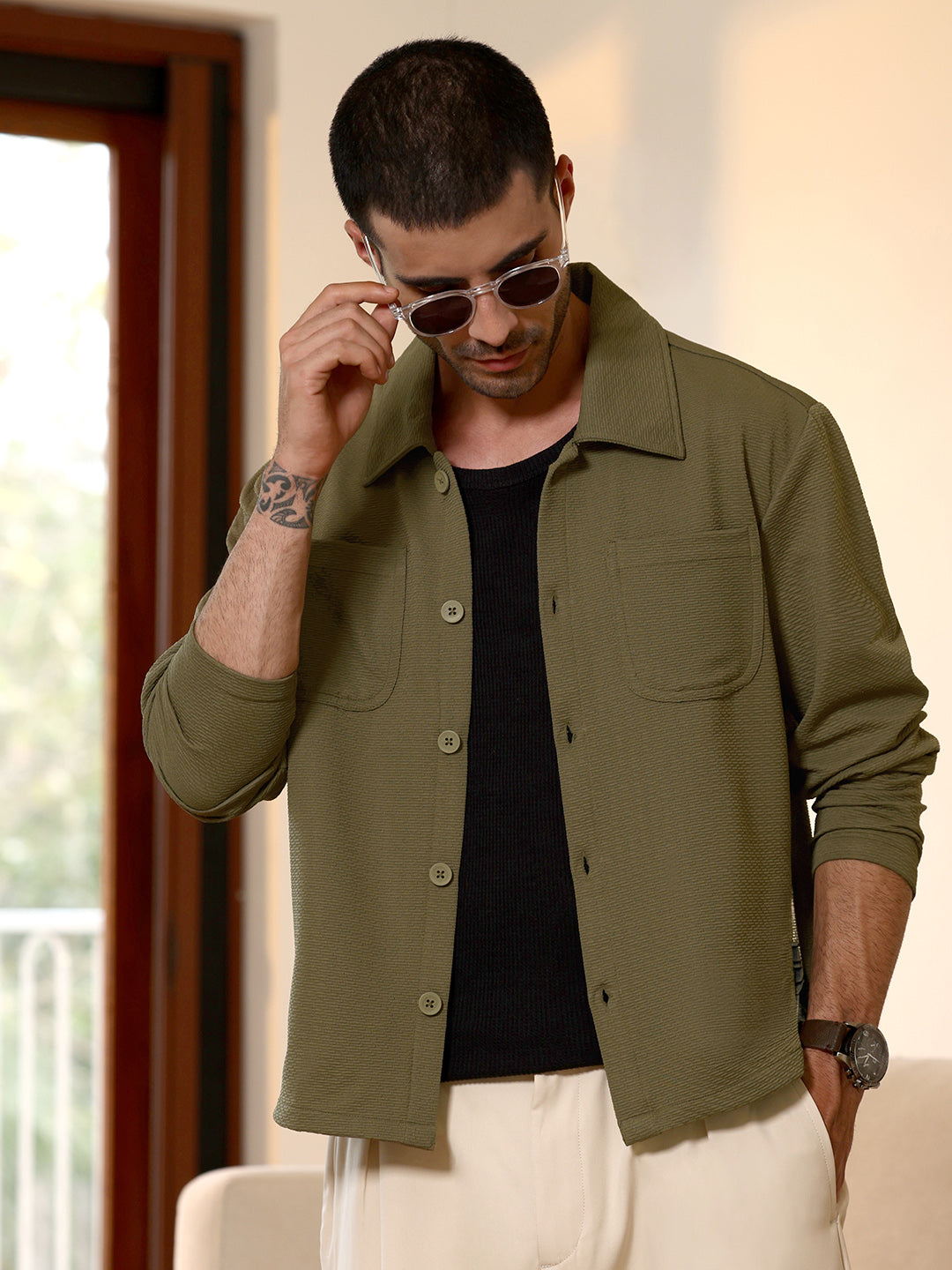 Olive Green Textured Knit Casual Shirt