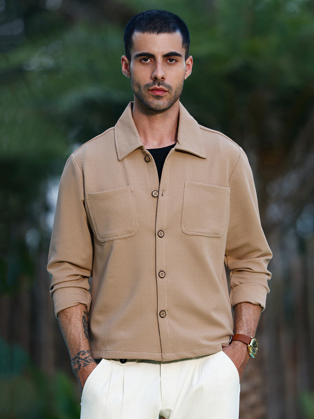 Beige Textured Cotton Casual Overshirt