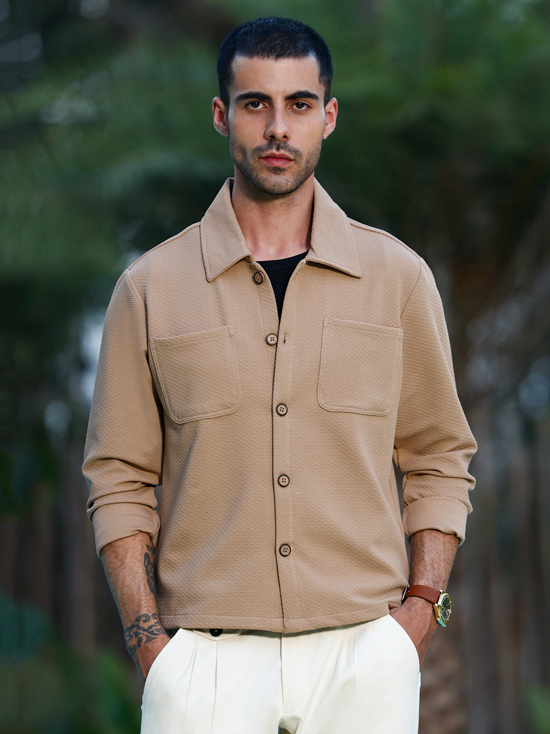 Beige Textured Cotton Casual Overshirt