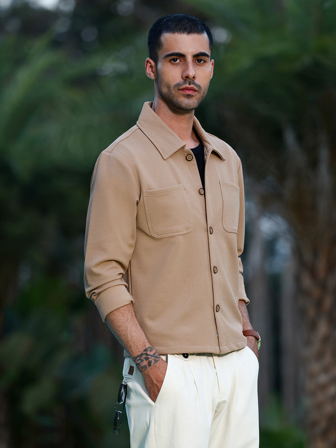 Beige Textured Cotton Casual Overshirt