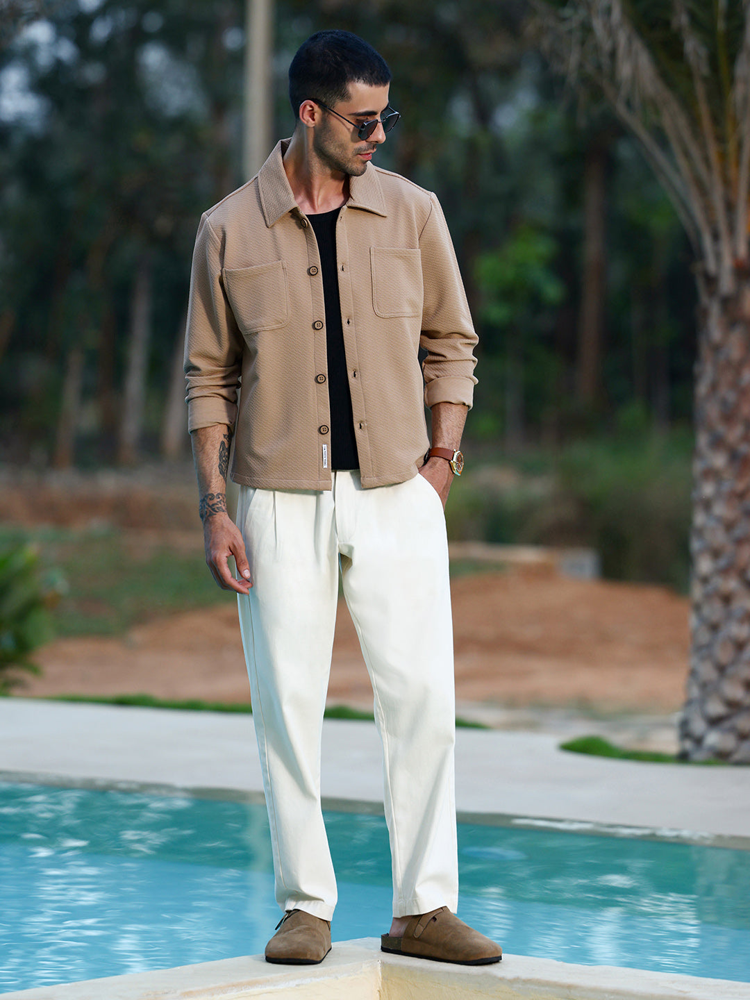 Beige Textured Cotton Casual Overshirt