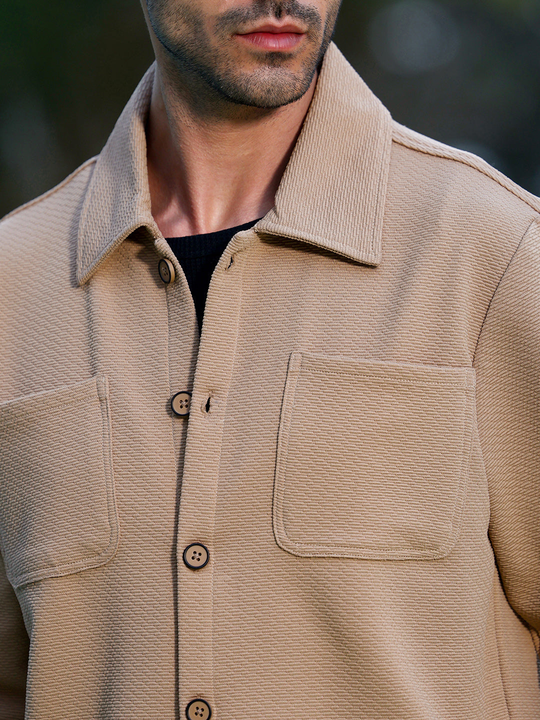 Beige Textured Cotton Casual Overshirt